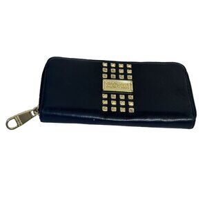 Badgley Mischka Zip Around Wallet Black Vegan Leather Gold Studs